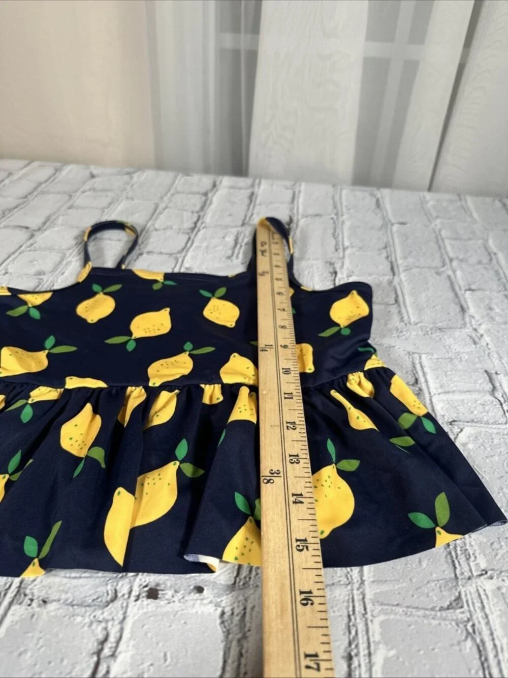 Hanna Andersson Lemon Tankini Swim Top Size 140 CM 10 Navy Blue Yellow Girls